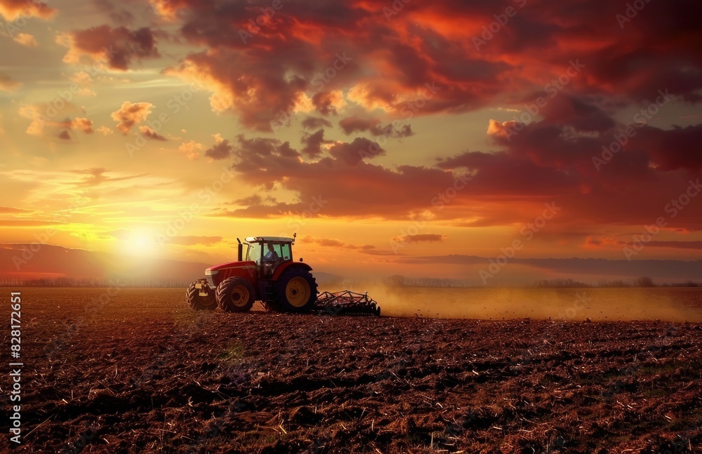 Fototapeta premium Agricultural scene - a tractor plowing the field, turning the soil for the new planting season, enhancing crop growth, and contributing to sustainable farming practices.