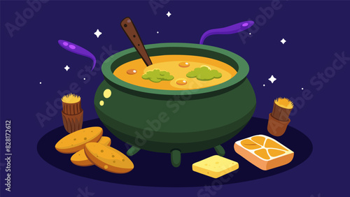 A witchs cauldron filled with hot cheese dip and accompanied by a variety of crackers pretzels and breadsticks for dipping.. Vector illustration