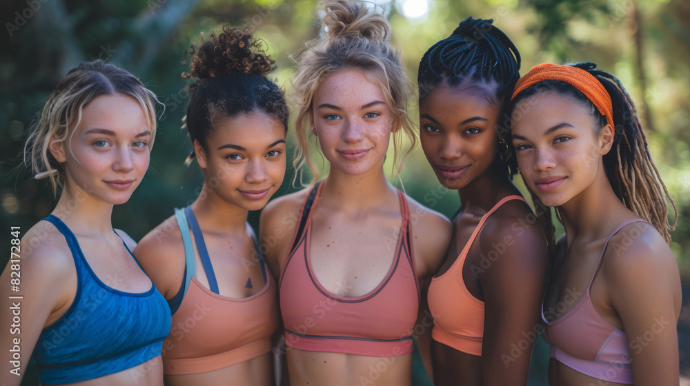 Group of diverse women in activewear, smiling and standing close together outdoors, showing unity and fitness Group of diverse women in activewear, smiling and standing close together outdoors, showing unity and fitness