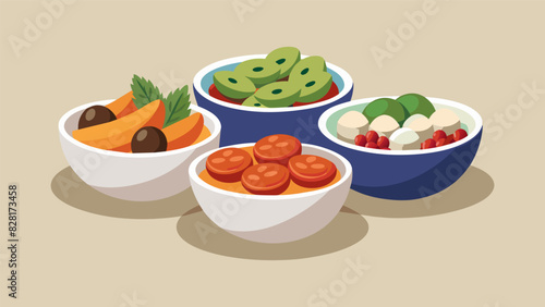Miniature bowls filled with olives pickled vegetables and nuts provide a satisfying crunch to complement the various dips and spreads.. Vector illustration