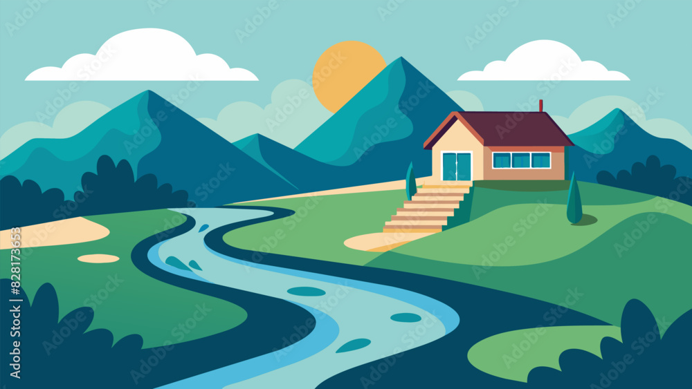 A stream runs through the property offering a soothing soundtrack for guests to unwind and reconnect with their inner selves.. Vector illustration A stream runs through the property offering a soothing soundtrack for guests to unwind and reconnect with their inner selves.. Vector illustration