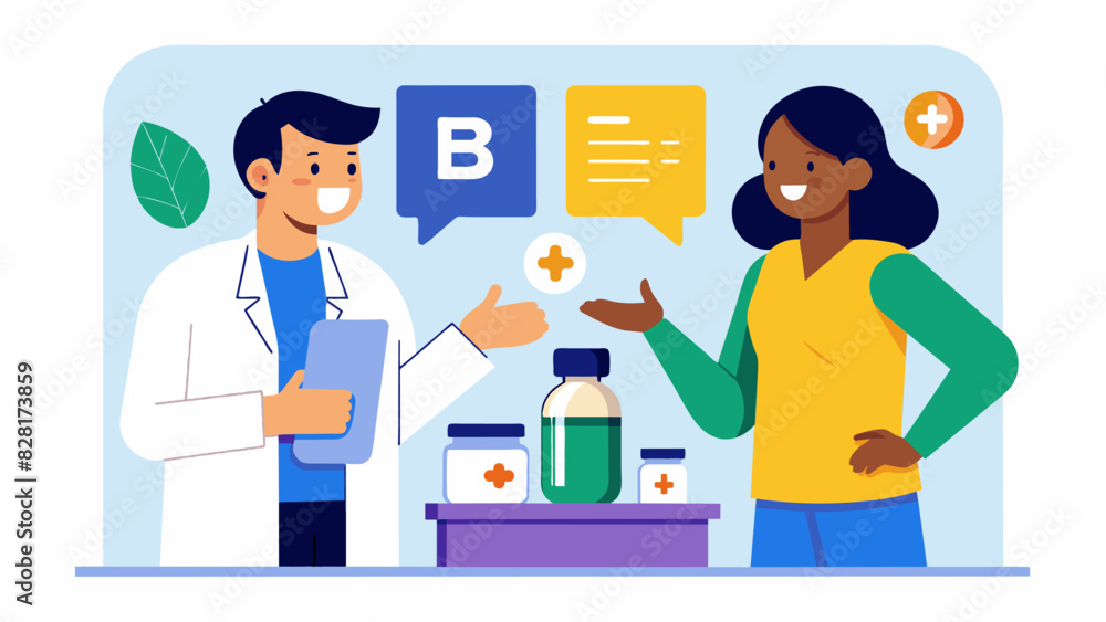 A customer asking about the benefits of taking a B vitamin complex and the pharmacist describing how it can help with energy levels metabolism and nerve function.. Vector illustration