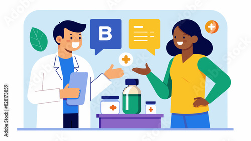 A customer asking about the benefits of taking a B vitamin complex and the pharmacist describing how it can help with energy levels metabolism and nerve function.. Vector illustration