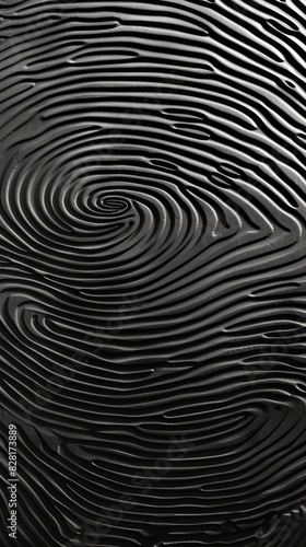Closeup photograph showcasing the intricate  distinctive lines and whorls of a fingerprint on a solid black surface. Personal  identification-based theme
