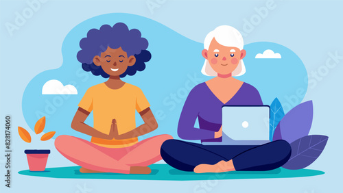 A senior woman scrolling through a meditation app on her tablet as the instructor explains how technology can also be used for mental wellness and relaxation.. Vector illustration