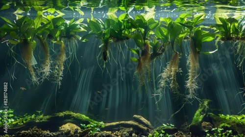 The roots of leafy plants dangling down into the water providing nutrients for the fish below.