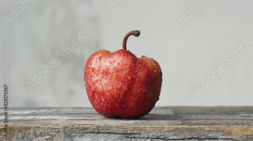 Rose Apple on wooden surface against white backdrop photo