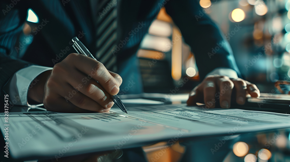 Fototapeta premium A man is writing with a pen on a piece of paper. Concept of professionalism and focus, as the man is dressed in a suit and tie and he is working on important documents