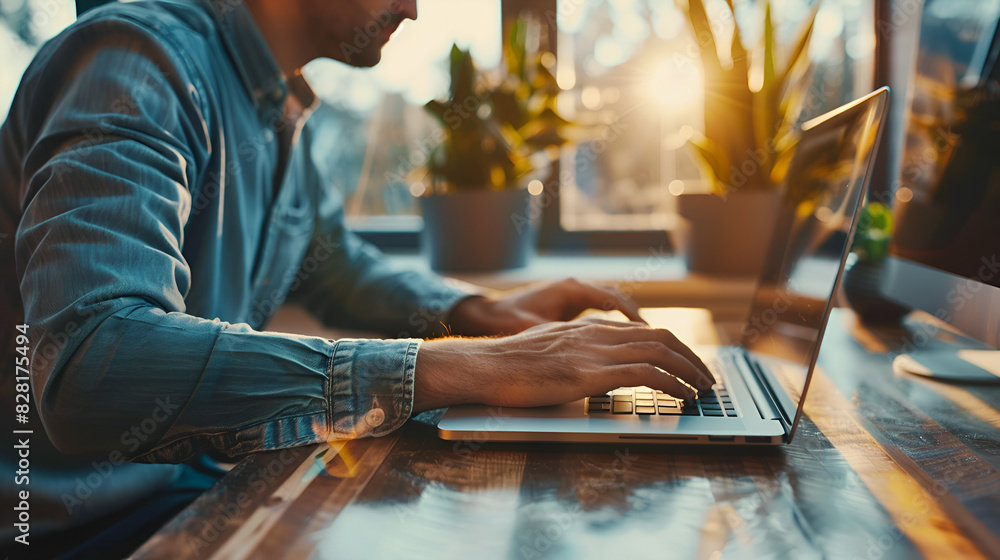 A man is typing on a laptop in front of a window with potted plants. Concept of productivity and focus, as the man is working on his computer. The presence of the plants adds a touch of nature A man is typing on a laptop in front of a window with potted plants. Concept of productivity and focus, as the man is working on his computer. The presence of the plants adds a touch of nature