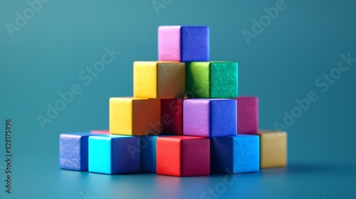 Brightly colored blocks forming a pyramid shape  each block showing a different letter