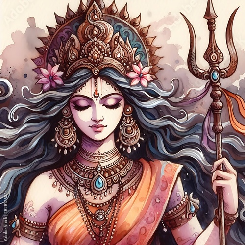 Watercolor Illustration of Goddess Parvati with Trident photo