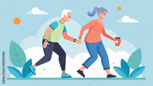 A couple in their 60s competing against each other on their fitness trackers to see who can walk the most steps in a day.. Vector illustration