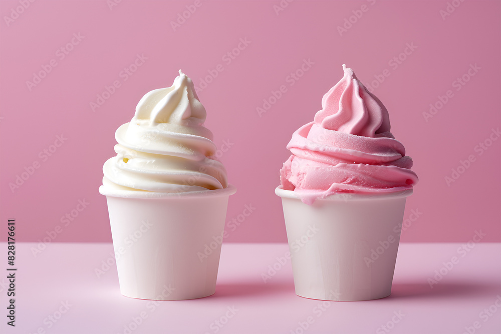 Frozen yogurt one vanilla  and one strawberry  soft ice cream in white paper cups