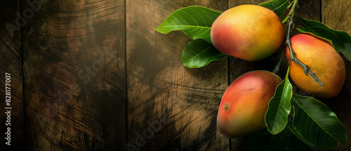 Fresh Mangos Banner Design with Free Text Space for writing, Ripening Mangoes Hanging on a Branch Against an Aged Wooden Background