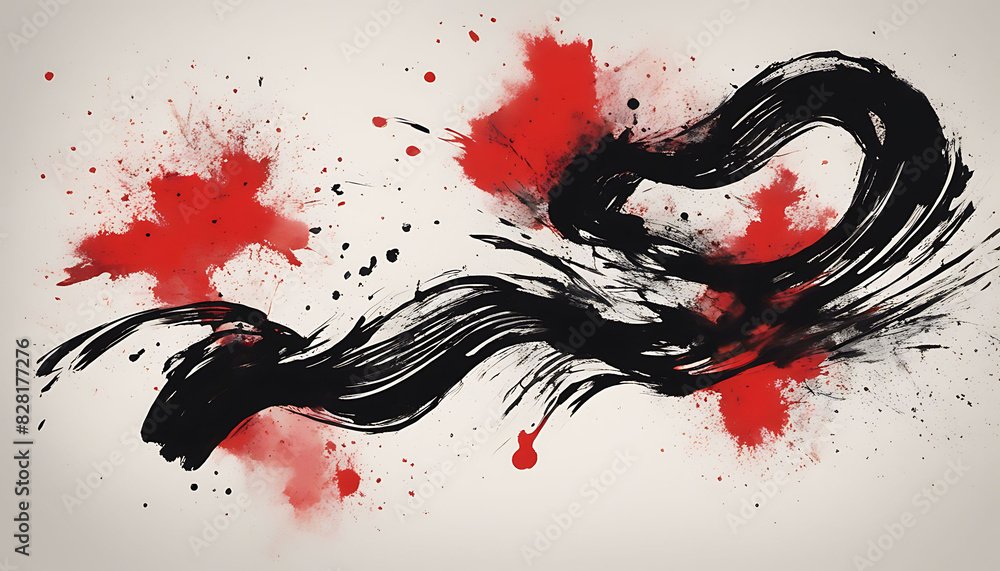 Japanese Painting of a Brush stroke splash red and black ink Japanese Painting of a Brush stroke splash red and black ink