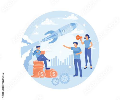 Global marketing strategy. The marketing team increases sales of business products. Marketing Business concept. Flat vector illustration.