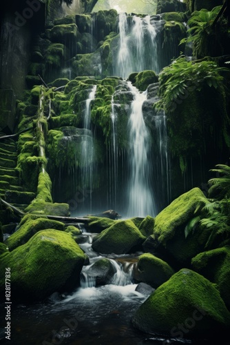 Zen Waterscape Enchanting Waterfall in a Green Forest of Japan 