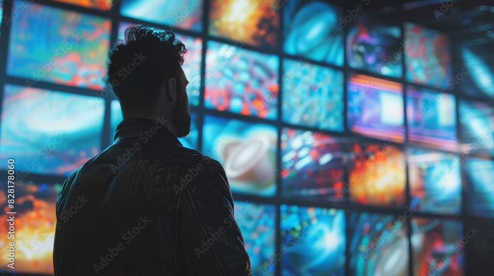man viewing nft crypto artwork on screens in museum rear view concept man viewing nft crypto artwork on screens in museum rear view concept