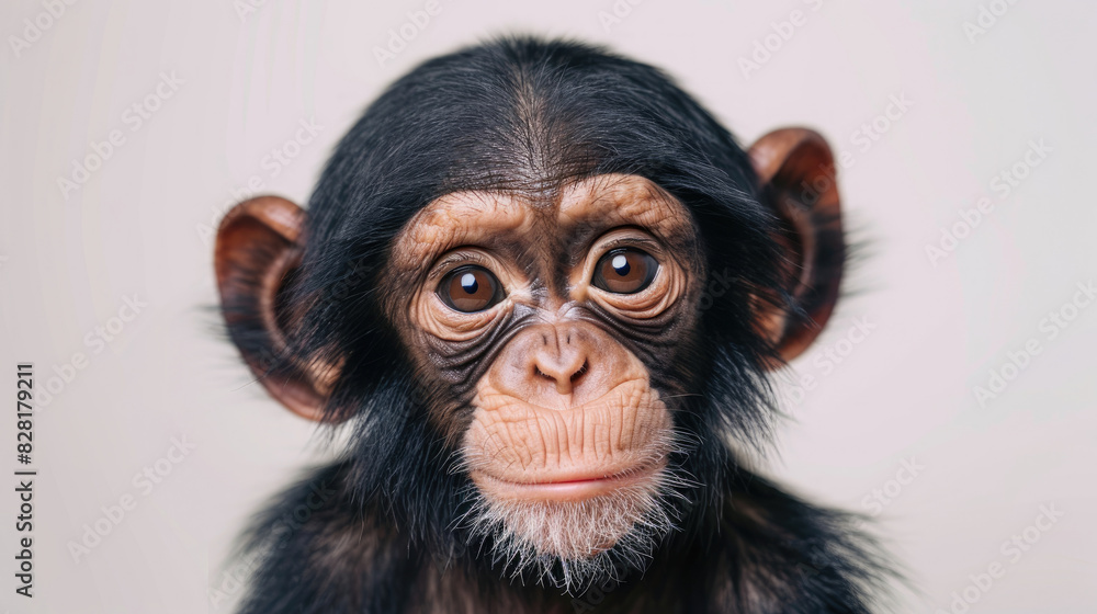 portrait cute baby monkey ape orang utan face with beautiful eyes looking front isolated on white background