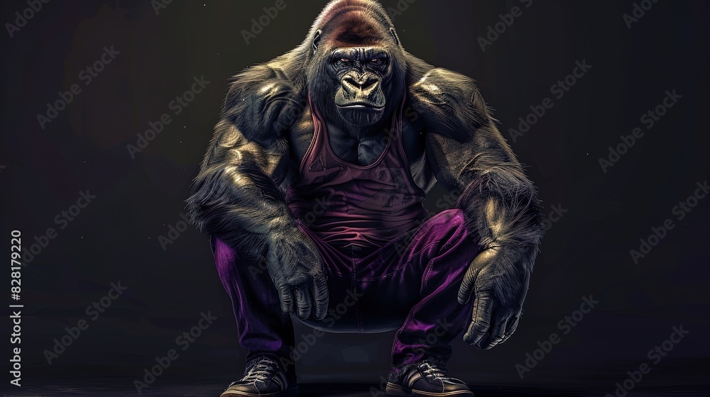 Anthropomorphic muscular gorilla wearing a red tank top in a dark environment. Digital art concept. Strength and power concept for design and print. Anthropomorphic muscular gorilla wearing a red tank top in a dark environment. Digital art concept. Strength and power concept for design and print.