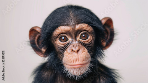 portrait cute baby monkey ape orang utan face with beautiful eyes looking front isolated on white background