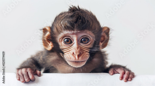 portrait cute baby monkey ape orang utan face with beautiful eyes looking front isolated on white background photo