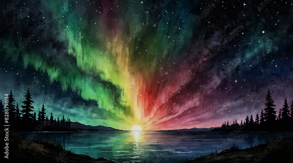 Perfect Southern Aurora light above beautiful lake in the night sky in best quality image, pop surrealism art, masterpiece, illustration, water color, ink Perfect Southern Aurora light above beautiful lake in the night sky in best quality image, pop surrealism art, masterpiece, illustration, water color, ink