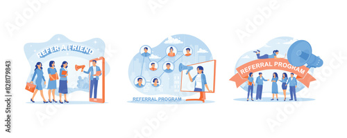 People using a megaphone. People share business information. Job promotion advertisements. Referral Program concept. Set flat vector illustration.