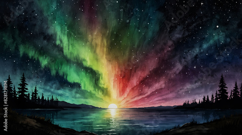 Perfect Southern Aurora light above beautiful lake in the night sky in best quality image, pop surrealism art, masterpiece, illustration, water color, ink