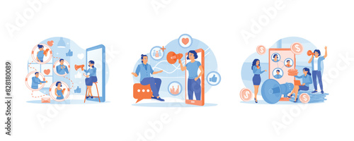 People use social media. Refer friends. Share info about referrals and earn money. Referral Program concept. Set flat vector illustration.
