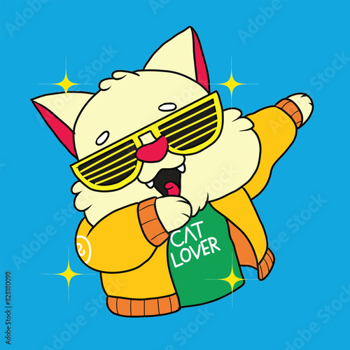 A cat with a yellow jacket, yellow glasses, and a green t-shirt with the words cat lover, demonstrates billy dance moves