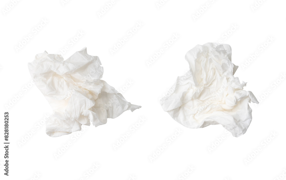 Top view set of screwed or crumpled tissue paper ball after use in toilet or restroom isolated on white background with clipping path Top view set of screwed or crumpled tissue paper ball after use in toilet or restroom isolated on white background with clipping path