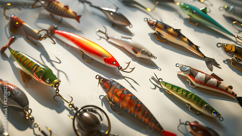 Studio shot of various fishing lures and tackle, with light casting shadows that emphasize their shapes and details.