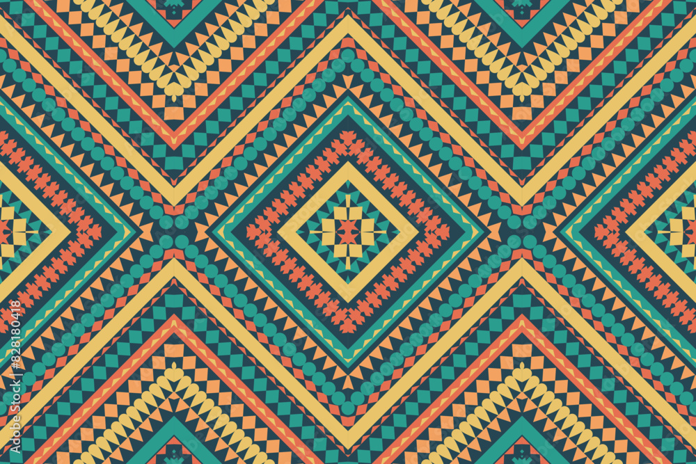 ethnic design fabric pattern tribal pattern geomagnetic pattern squares three squares arranged together Blue yellow orange background designed for fabric pattern carpet pants pillows wallpaper curtain ethnic design fabric pattern tribal pattern geomagnetic pattern squares three squares arranged together Blue yellow orange background designed for fabric pattern carpet pants pillows wallpaper curtain