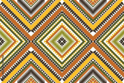 ethnic design fabric pattern tribal pattern geomagnetic pattern squares three squares arranged together Brown, yellow background designed for fabric patterns carpets pants pillows wallpaper curtains.