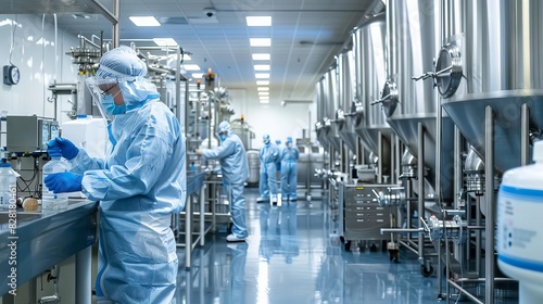 pharmaceutical factory interior with stateoftheart equipment and workers in protective gear industrial photography photo