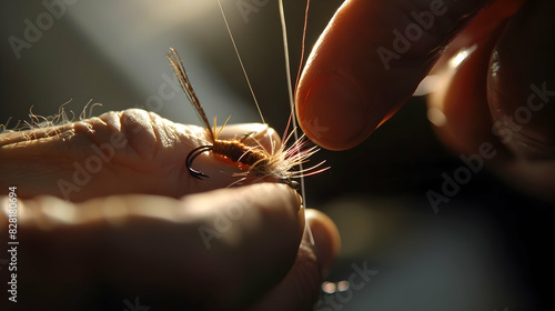 Close-up of a fly being tied onto a fishing line, with light casting detailed shadows and highlighting the intricacy of the work. photo