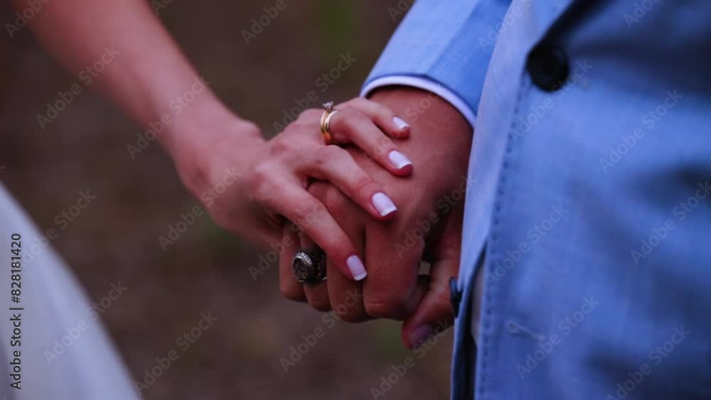 Close-up of the hands of unidentified newlyweds with rings are holding each other Close-up of the hands of unidentified newlyweds with rings are holding each other