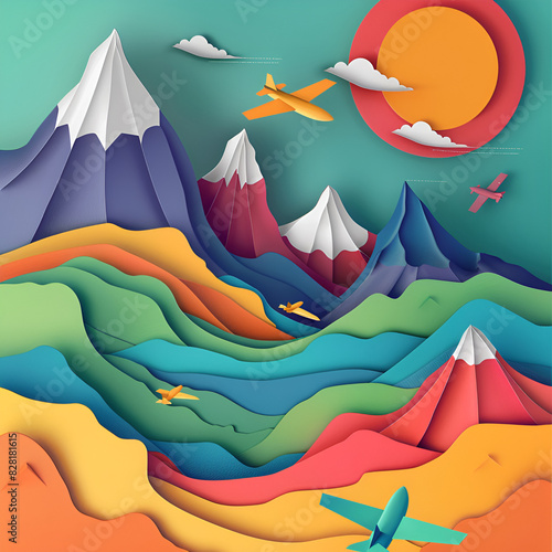 Colorful Paper Airplanes in Abstract Mountain Landscape Design for Posters and Cards