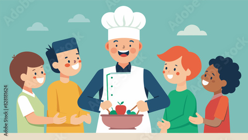 With a smile on her face a resident chef at the nearby senior center teaches attendees how to create a delicious and nutrientdense quinoa salad.. Vector illustration