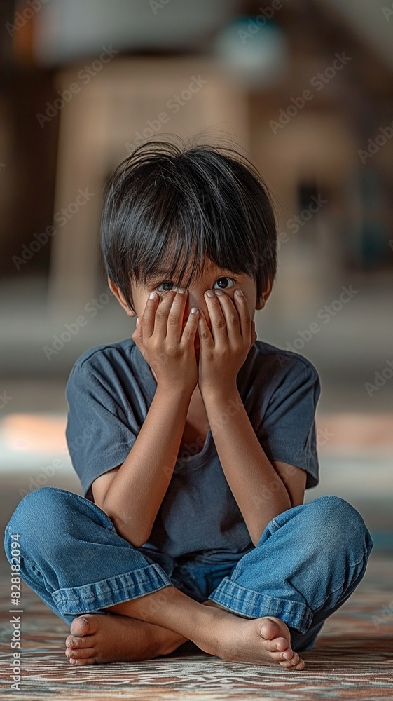 A boy sitting by himself, depressed. An Asian youngster buried his face with his hands out of terror. A boy sitting by himself, depressed. An Asian youngster buried his face with his hands out of terror.