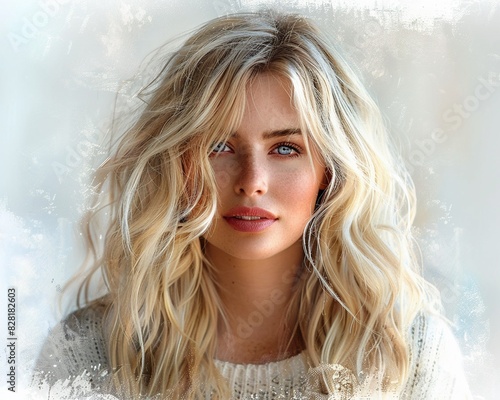 A cute blondehaired model with a natural, relaxed pose, her hair gently tousled, with a white background highlighting her serene beauty Watercolor, Soft tones, Gentle gradients photo
