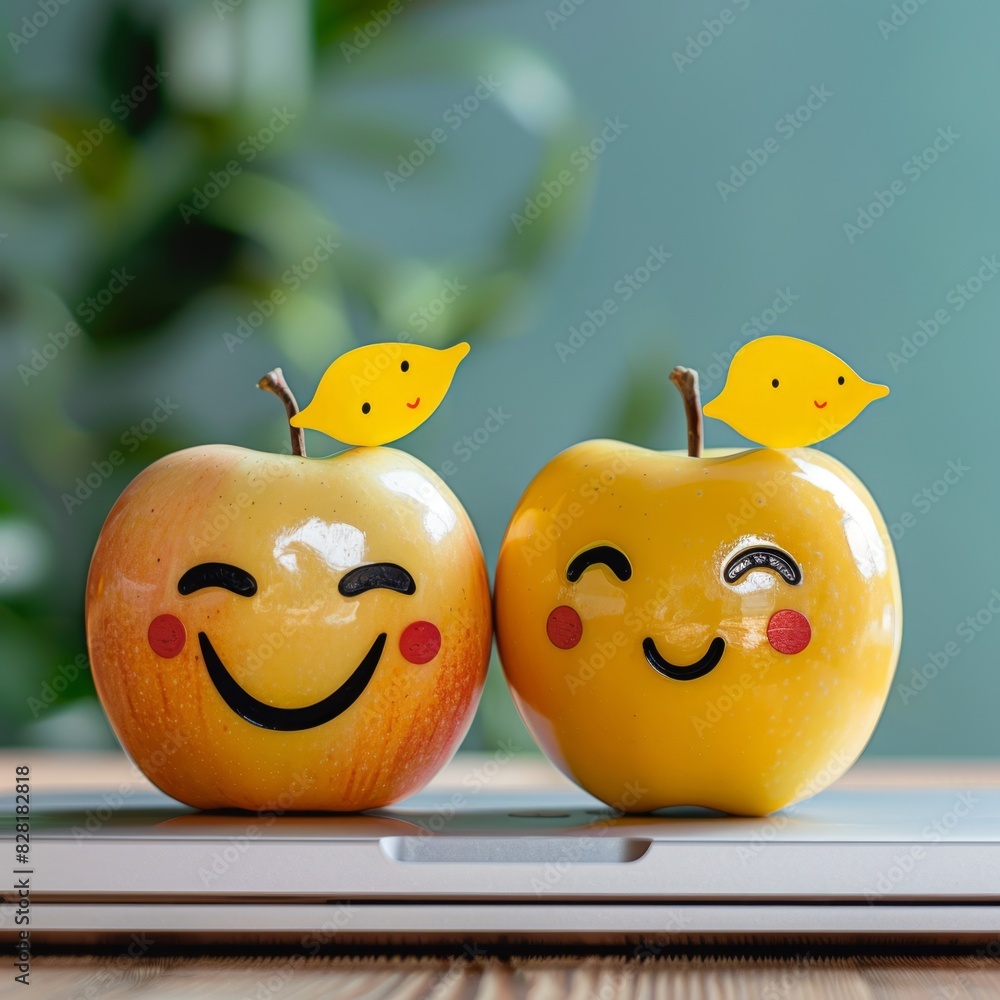 Two couple apple with smiley faces on a desk. International Friendship Day Concept. Two couple apple with smiley faces on a desk. International Friendship Day Concept.