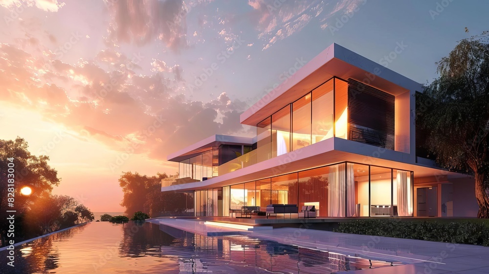 sleek modern villa bathed in golden sunrise light luxurious architecture and tranquil ambiance sleek modern villa bathed in golden sunrise light luxurious architecture and tranquil ambiance