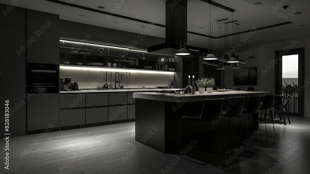 sleek monochromatic kitchen with concealed lighting and open layout 3d illustration sleek monochromatic kitchen with concealed lighting and open layout 3d illustration