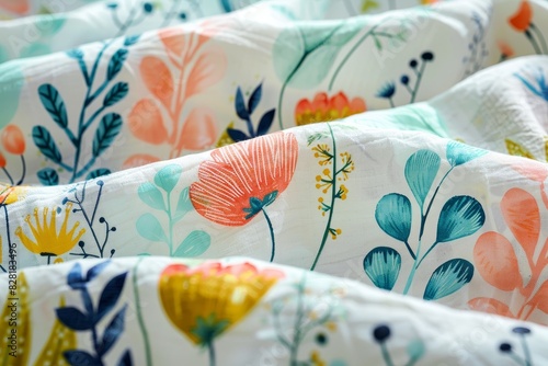A colorful floral print is displayed on a white background