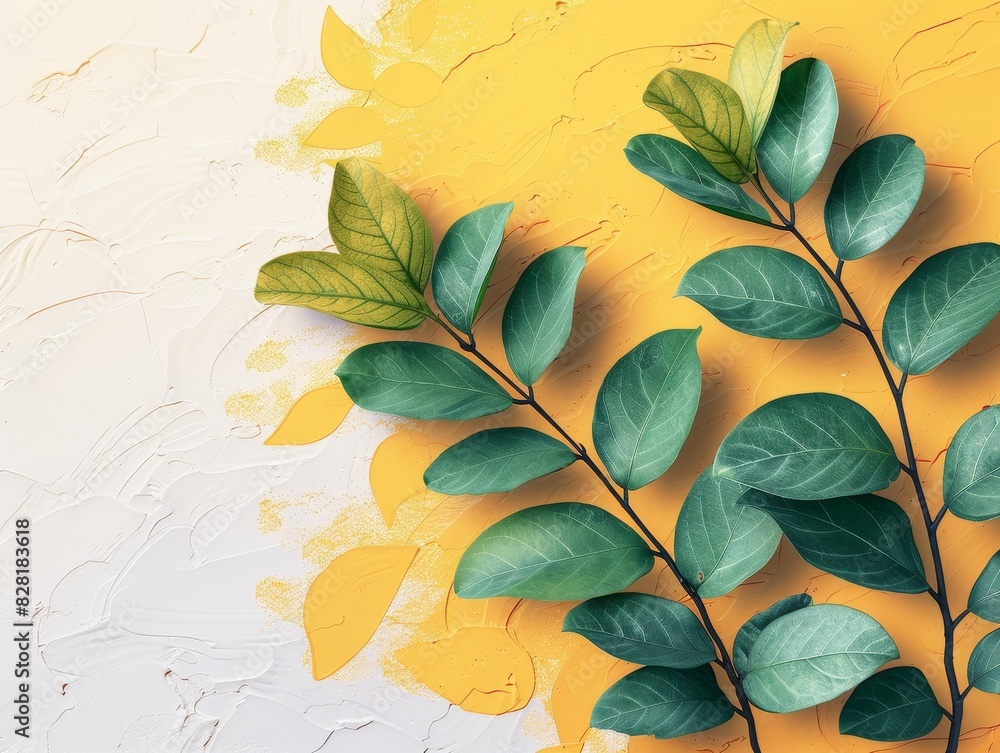 A leafy green plant is on a yellow background A leafy green plant is on a yellow background