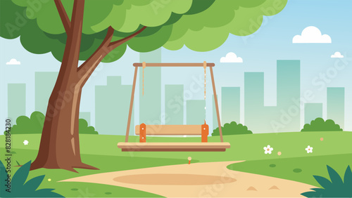 A simple bench swing hanging from a tree in a bustling city park providing individuals with a chance to slow down and sway with the gentle breeze.. Vector illustration