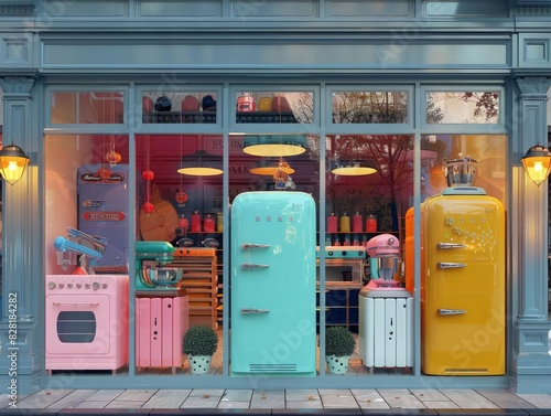 Imagine a storefront from the 1950s dedicated to selling retro home appliances, with large windows displaying colorful refrigerators, toasters, and mixers