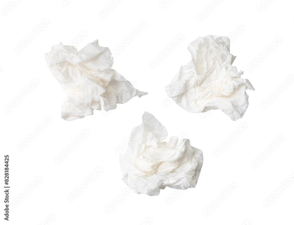Top view set of screwed or crumpled tissue paper ball after use in toilet or restroom isolated on white background with clipping path Top view set of screwed or crumpled tissue paper ball after use in toilet or restroom isolated on white background with clipping path